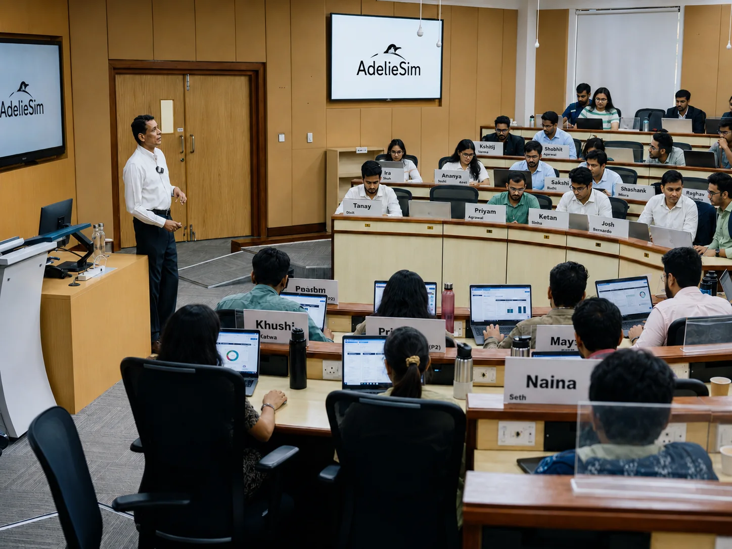 Business school students using Adeliesim simulations during a facilitated classroom session