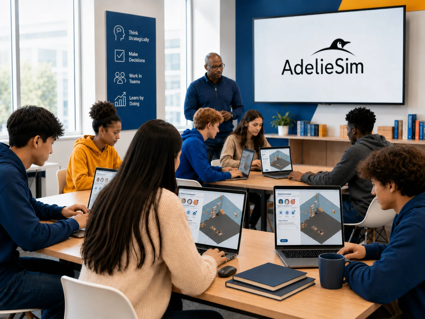 A facilitator guiding teams through an Adeliesim business simulation in a corporate learning workshop