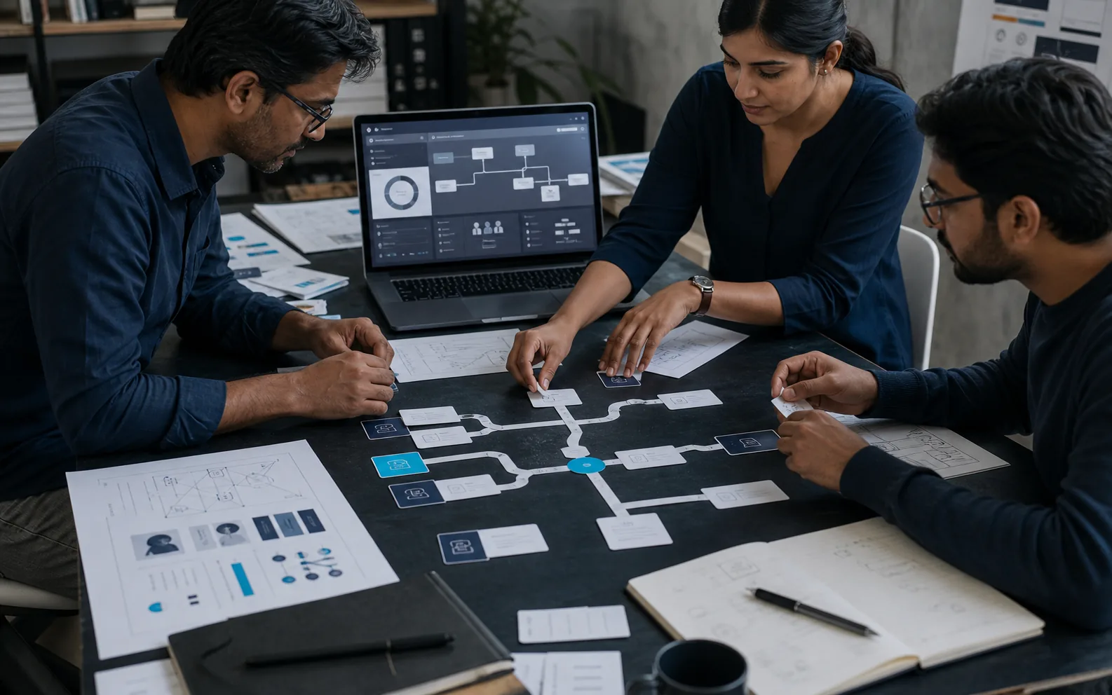 A simulation-design team mapping roles, decisions, and consequences